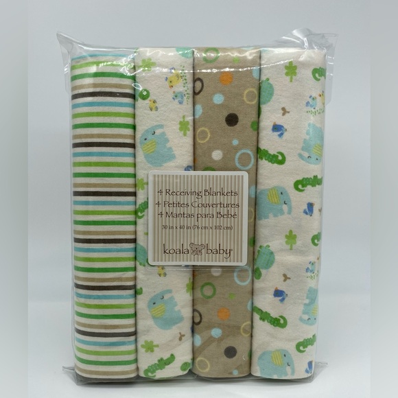 Koala Baby Receiving Blankets 4 Pk Set Flannel Elephants Stripes and Circles - Picture 1 of 5